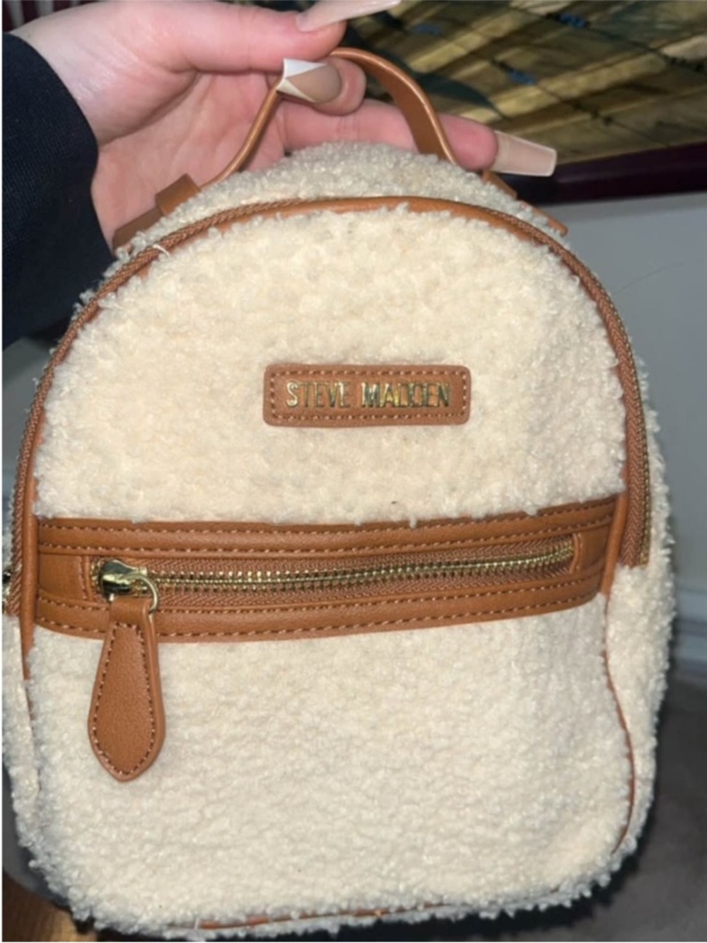 Steve Madden Cream Sherpa Mini Backpack with Tan Trim and Gold Hardware